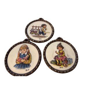 3 VTG Hand-Painted Artini 4 dimensional Sculptured Children Engraving Plaques -